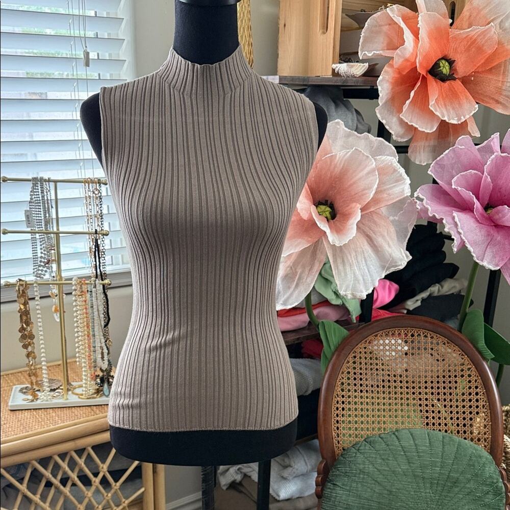 Abercrombie & Fitch Taupe Ribbed Mock Neck Preppy Bodycon Sleeveless Tank Top